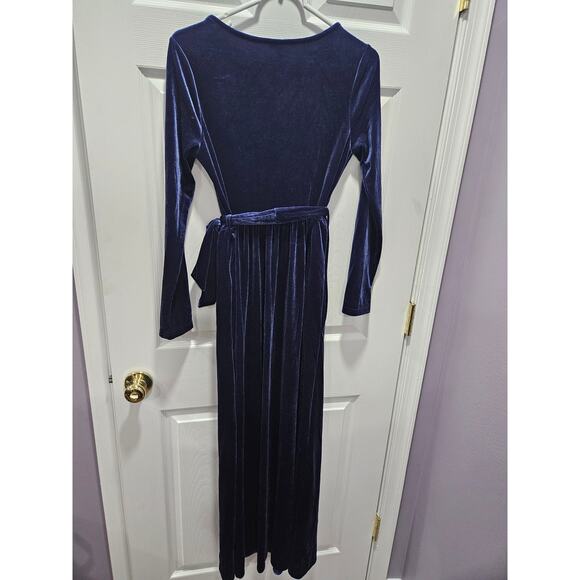 Zattcas Navy Blue Velvet Long Sleeve Winter Maxi Dress Belted Waist Size Small S - Picture 3 of 6